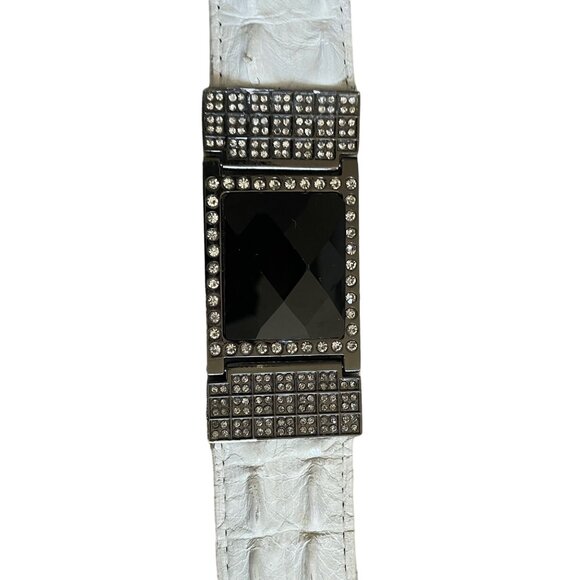 White Crocodile Embossed Leather Belt With Rhinestone Buckle & Tip By Los Altos - Picture 9 of 15